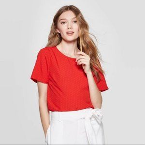 A New Day Red Pin Dot Short Sleeve Blouse